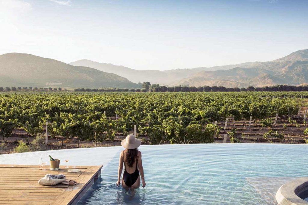 Pool overlooking vineyards and hills in Valle de Guadalupe